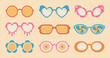 Collection of groovy hippie sunglasses in flat style. Cartoon abstract psychedelic retro glasses. Vector illustration