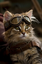 Adventurous Cat In Leather Aviation Goggles, Generative AI