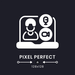 Sticker - Video conferencing white solid desktop icon. Business communication. Online meeting. Pixel perfect 128x128, outline 4px. Silhouette symbol for dark mode. Glyph pictogram. Vector isolated image