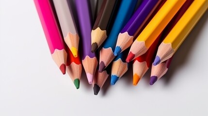 Multicolored pencils, drawing tools and hobbies. Solid color background, generative AI
