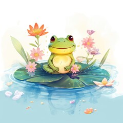 Canvas Print - Frog on a lily pad. Watercolor Cute Little Happy Frog clipart on top of water, AI Generated