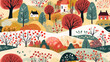 Seamless pattern background inspired by naive art with trees hills and houses