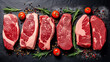 Fresh raw meat on slate black board top view, Variety of beef steak, spices, seasoning for cooking, grilling, black angus prime, striploin, rib eye, sirlion, view from above. generative ai