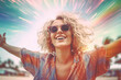 © Lazy_Bear - Portrait of happy woman in sunglasses, smiling and raising her hands. Woman enjoys life. Freedom and carelessness. Created with Generative AI