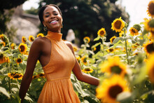 Happy Black Woman In A Sunflower Field, Summer Concept, Diversity, Flowers, African American