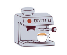 Coffee maker machine making, brewing, preparing drink, fresh morning espresso and cappuccino beverage in cup. Professional coffeemaker equipment. Flat vector illustration isolated on white background