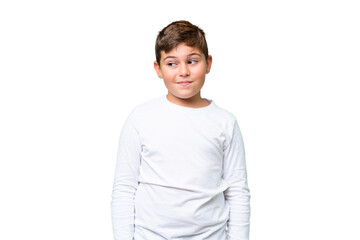 Wall Mural - Little caucasian kid over isolated chroma key background making doubts gesture looking side