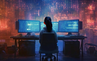 A girl software developer sitting by computer screens and coding matrix.