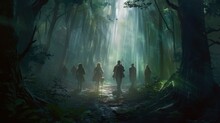 A Group Of Adventurers Wandering Among Beams Of Light In An Enchanted Forest. The Shadows Of The Trees Create The Play Of Light On Their Lush Leaves. Created With Generative AI.