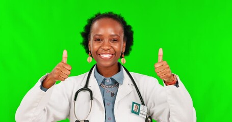 Canvas Print - Doctor, thumbs up and black woman success on a green screen for support, thank you and medicine. Portrait, smile and African surgeon with a gesture for healthcare isolated on mockup studio background