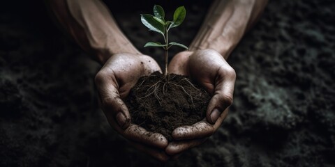 hand holding small tree for planting. concept green world earth day, generative ai