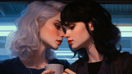 Wall Mural - Illustration of a lovely couple of lesbian girls about to kiss in a coffee shop