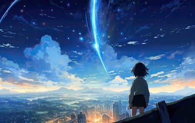 Wall Mural - a small starry universe in the background and a white space satellite in the foreground.