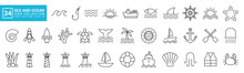 Collection Icons Of Sea And Beach, Marine Animals, Marine Vehicles, Waves, Editable And Resizable EPS 10.