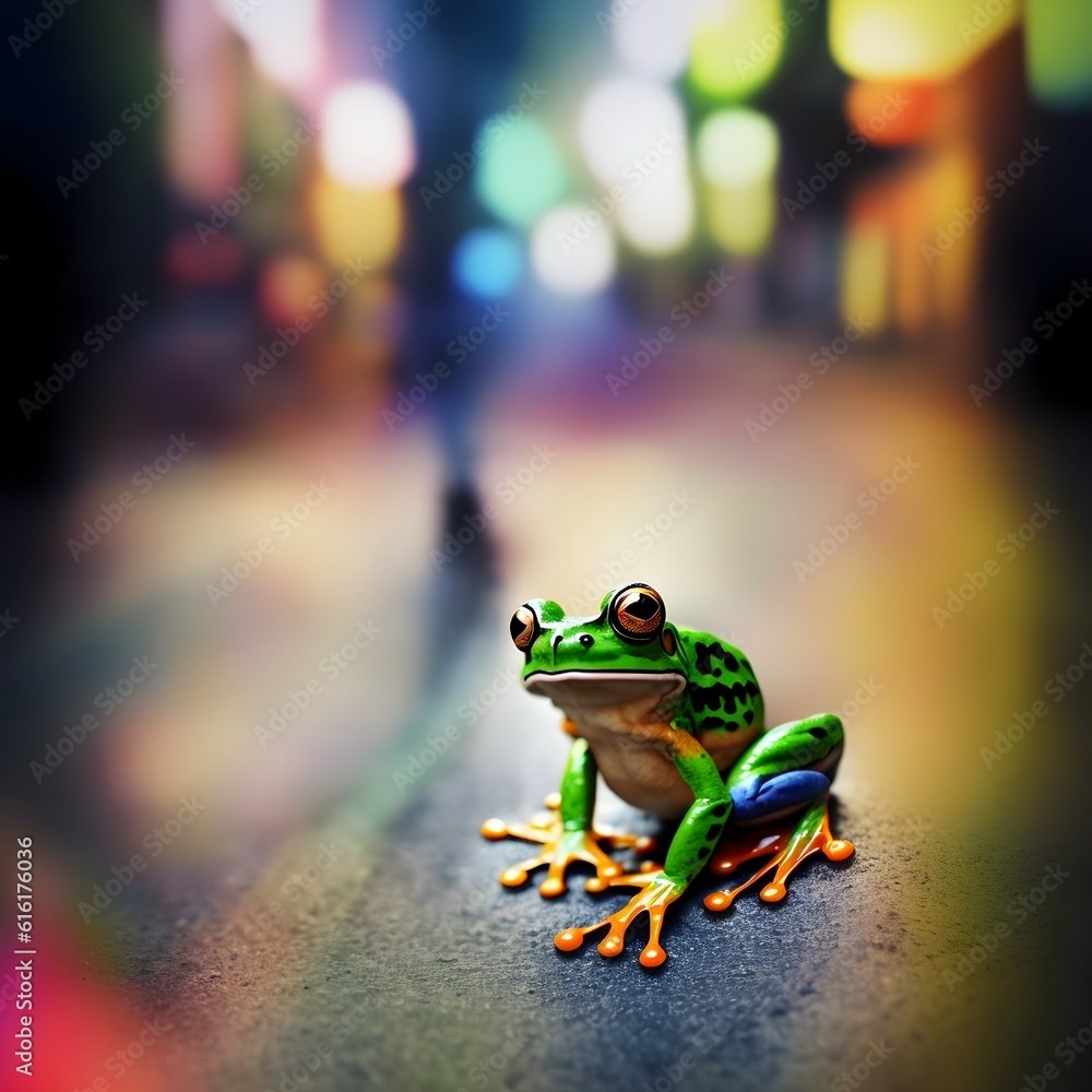 colourful frog jumping on the side walk of a busy street, lots of legs walking past, night, macro photography shallow depth of field DSLR vivid Muted misty , vibrant coloured skin