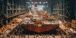 Top view of a busy shipbuilding hangar, skeletal frames of massive vessels taking shape under the hands of skilled workers, concept of Maritime Industry Growth, created with Generative AI technology