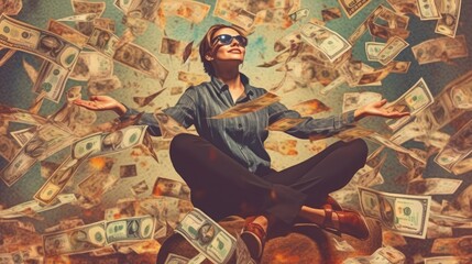 Photo of a woman sitting on a pile of cash, surrounded by flying banknotes