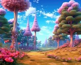 Fototapeta Panele - The illustration depicts a panoramic background of a fantasy forest. (Illustration, Generative AI)