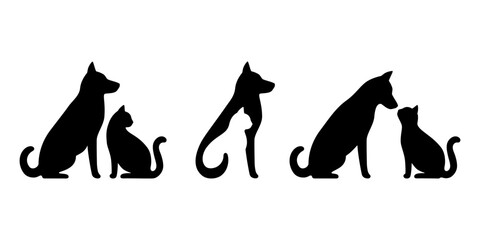 dog and cat black profile silhouette set. pets sit together, side view isolated on white background.