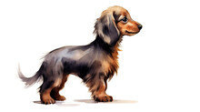 Cute Long Haired Dachshund Side View, Isolated On White Background. Digital Watercolour Illustration.