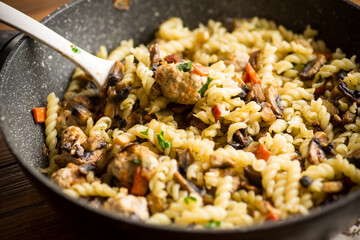 Sticker - vermicelli cooked with mushrooms, meat and vegetables in a frying pan