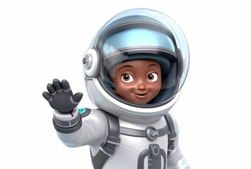 Wall Mural - An African-American free-haired boy dressed as an astronaut is waving. Astronaut concept. AI generated.