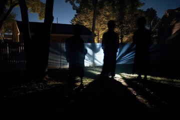 Wall Mural - Eerie white ghosts made from sheets float in a moonlit backyard, casting long shadows. Generative AI