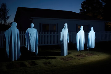 Wall Mural - Eerie white ghosts made from sheets float in a moonlit backyard, casting long shadows. Generative AI