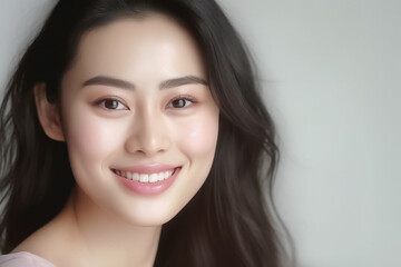 Beautiful Asian Woman, Close up on her face with Smooth skin look at the camera on a White background in Studio light. generative AI