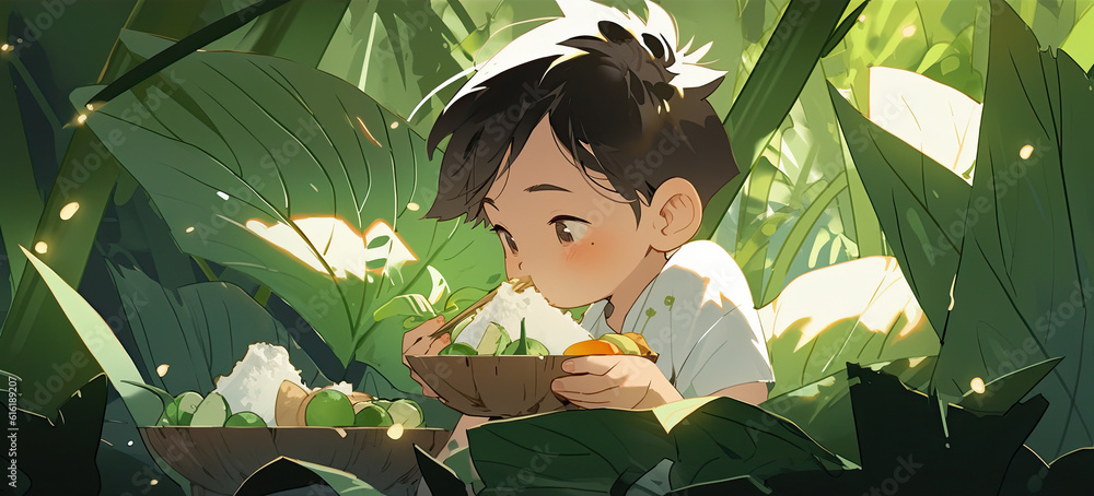 Asian boy is eating sticky rice with bamboo leaves. Concept of Chinese ...