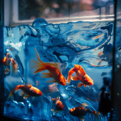 Closeup of beautiful goldfish in glass fish tank at home