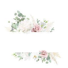 Wall Mural - Dusty pink rose, white lisianthus, peony, magnolia, eucalyptus, greenery, pampas grass, fern vector