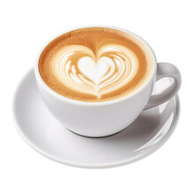 Hot Coffee Cup Latte With Heart Shaped Latte Art Milk Foam On White Saucer Illustration Transparent Background, PNG