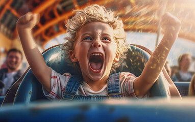 child rides a roller coaster, holds his hands up and shouts happily