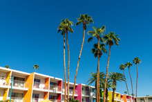 Saguaro Hotel, Palm Trees And Colorful Architecture In Palm Springs, California
