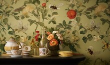  A Table Topped With A Vase Filled With Flowers Next To A Wallpaper Covered In Butterflies And Flowers On A Green Wallpapered Wall.  Generative Ai