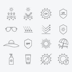 Simple Set of Sun Protection Related Vector Line Icons. Vector set of sun protection line icons. Contains such Icons as Sunscreen, Sunglasses, UV rays exposure time and more.