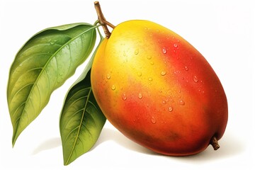 Canvas Print - mango with leaves isolated on white background. Generated by AI.