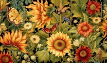  A Painting Of Sunflowers And Butterflies On A Black Background With Green Leaves And Yellow And Red Flowers And Butterflies On The Top Of The Flowers.  Generative Ai