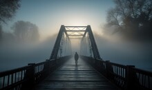  A Person Standing On A Bridge In The Fog With The Sun Shining Through The Foggy Trees Behind Them And A Person Standing On The Bridge.  Generative Ai