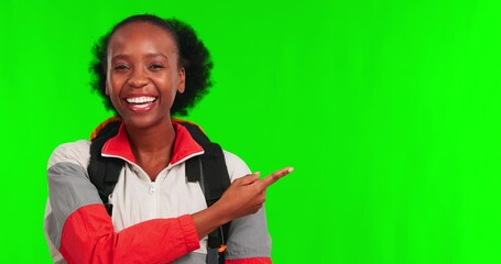 Wall Mural - Green screen, black woman and pointing at travel list for advertising, hiking promo on studio background. Smile, marketing and mockup space, holiday discount information and female hiker in portrait