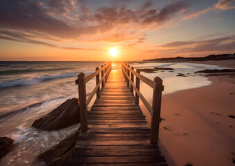 Wall Mural - pier at the beach, nice sunset over the ocean with dock