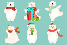 Polar Bear Characters In Various Poses And Scenes. Merry Christmas Cutout Element