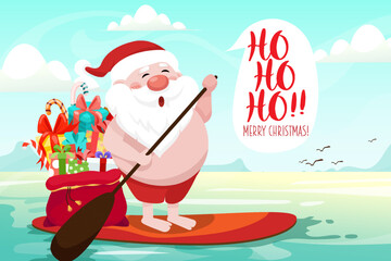 Santa Claus rowing on surf board with gifts against tropical ocean background.