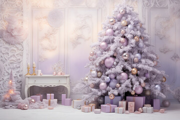 Wall Mural - Purple christmas tree with presents in fairy tale vibes Generative AI