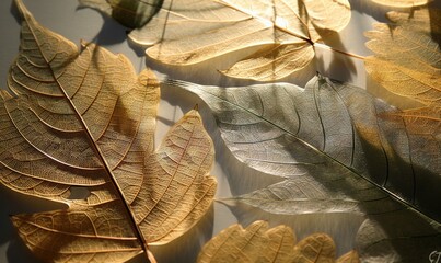  a close up of a group of leaves on a table with sunlight coming through the leaves on the surface of the image and the shadow of the leaves on the table.  generative ai