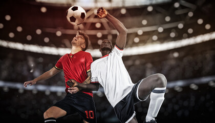 Football action with competing soccer players jumping to hit the ball with head