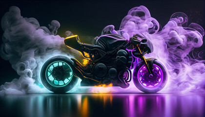 Motorbike in a futuristic neon light and fog, 3D rendering Ai generated image