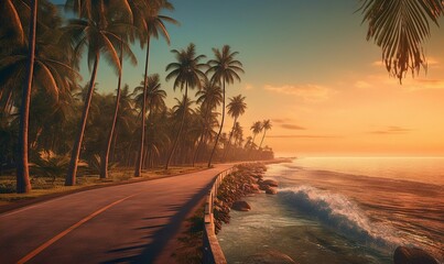 Wall Mural -  a scenic view of a beach with palm trees and a road leading to the ocean with waves crashing on the shore and the sun setting in the distance.  generative ai