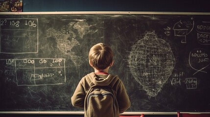 Pupil schoolboy near the blackboard answers, studying in a school class, background with a place for text, horizontal image, generative AI
